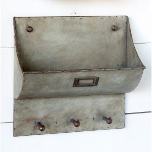 Galvanized Metal Wall Pocket with Hooks - Primitive Décor Style   183370176498